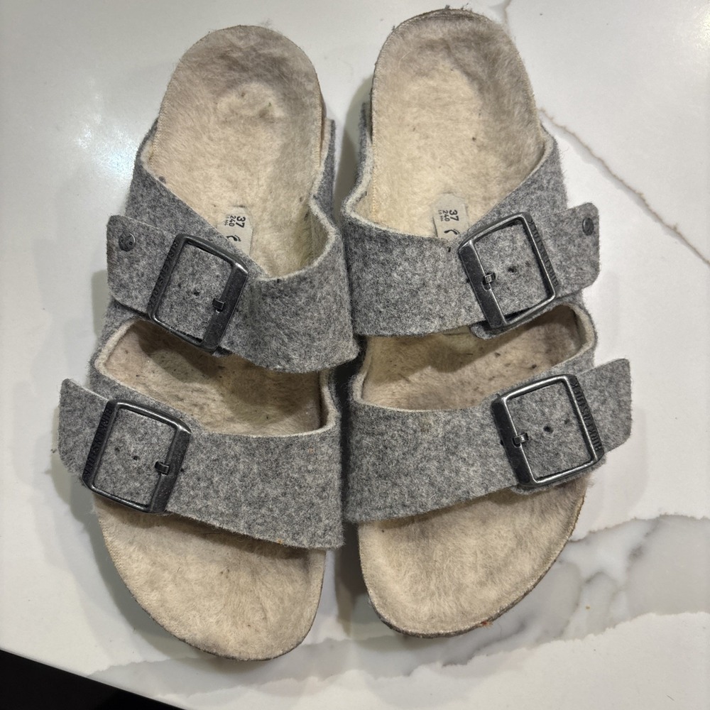 Birkenstock Arizona Happy Lamb Gray Wool Slip On Sandals